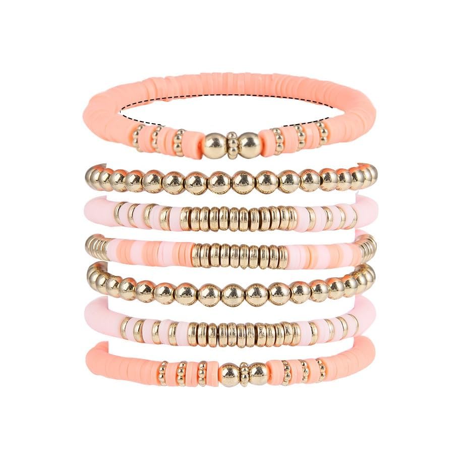 Pingyongchang Heishi Gold Beaded Bracelets Set for Women Men Bohemian Polymer Clay Colorful Surfer Vinyl Disc Stretch Layering Stackable Friendship Boho Bracelet Summer Beach Jewelry Gifts - color: Pink