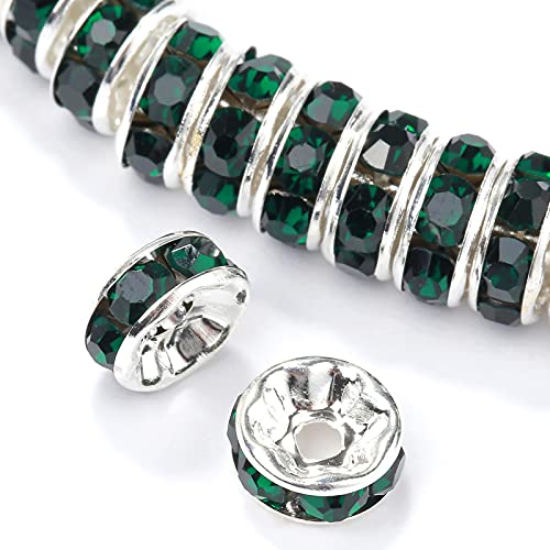 Weebee 100Pcs Rondelle Spacer Beads Crystal Charms Silver Plated Czech Rhinestone Loose Beads for Jewelry Making DIY Bracelets (Dark Emerald, 10mm) - color: Dark Emerald, size: 10mm
