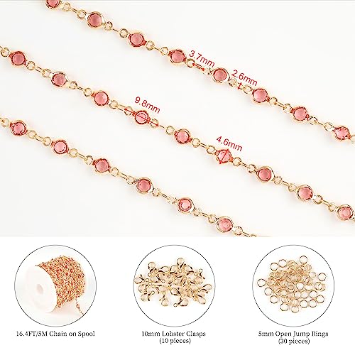 KYUNHOO 16.4 Feet Gold Plated Brass Chain for Jewelry Making with Lobster Clasps and Jump Rings Rosy Rhinestone Beads Chain for Bracelet Necklace Making DIY Jewelry Craft Gift Idea Supplies - color: Rosy Bead-Gold