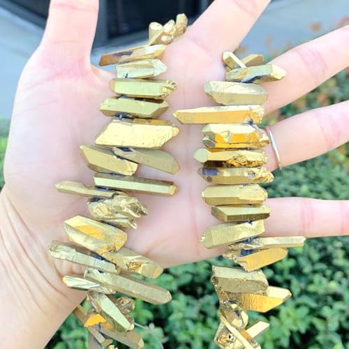 Adabele 15 Inch Natural Raw Healing Crystal Quartz Gemstone Loose Beads Small Drilled 15 Inch Gold Titanium Coated Chakra Gem Stone Drop Stick GA3 - color: Gold, size: Small Size (15 Inch/1 Strand)