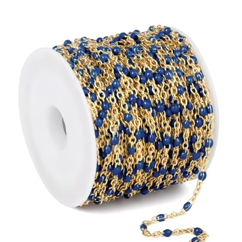 33 Feet Gold Enamel Chains Bulk, 2mm 18K Gold PVD Plated 304 Stainless Steel Navy Blue Enamel Beaded Cable Link Chain Roll Spool for Jewelry Making - color: Gold Navy Blue Beads