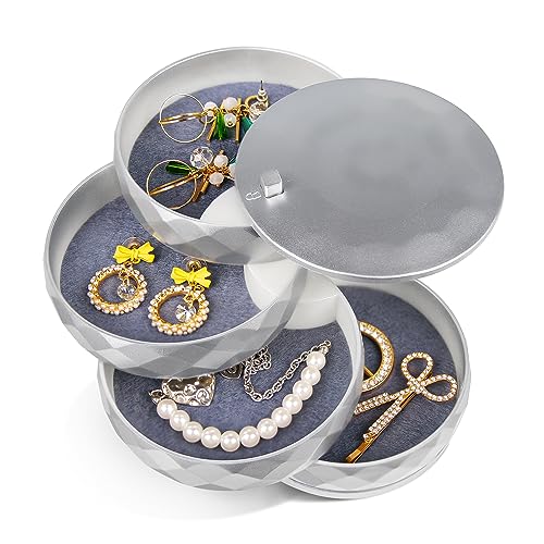 CONBOLA Travel Jewelry Case Box, Small Jewelry Organizer Earring Holder for Women, 5-Layer Rotating Jewelry Storage Tray with Lid for Bracelets Rings Bracelets - color: Silver