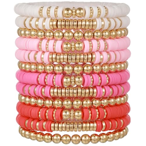 12pcs Friendship Bracelets Beaded Bracelets Heishi Bracelet Cute Bracelets Stack Vinyl Clay Disc Bead Surfer Stretch Summer Beach Bracelets For Women Preppy Bracelets - color: B-color 4