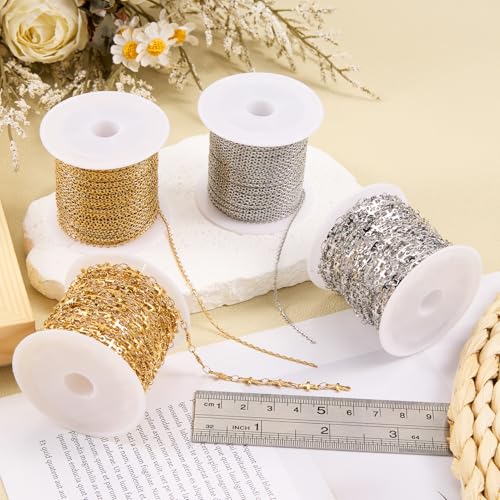 SMYHTGLIF 32.8 Feet Thin Cable Chain for Jewelry Making Gold Stainless Steel Bulk Chain Rolo Craft Jewelry - color: Rolo Gold