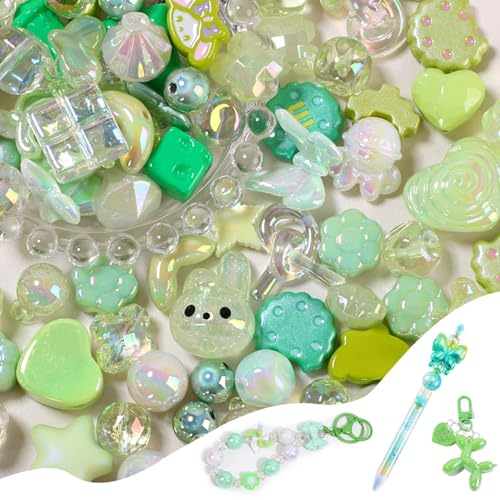 45-60PCS Large Acrylic Green Glitter Assorted Beads for Bracelet Making UV Plating Focal Beads for Pens Round Flower Bow Bear Heart Star Square Cute Bead for DIY Jewelry Necklace Keychain Phone Charm - color: Blue