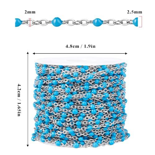 33 Feet Stainless Steel Enamel Chains Bulk, 2mm 304 Stainless Steel Light Blue Enamel Beaded Cable Link Chain Roll Spool for Jewelry Making - color: Stainless Steel Light Blue Beads