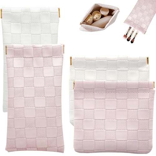4PCS Small Makeup Bag for Purse, Mini Leather Pocket Cosmetic Bag for Women, Waterproof Portable Makeup Pouch No Zipper Coin Purse Lipstick Bag Accessories, Checkered Travel Storage Bag(White, Pink) - color: White, Pink