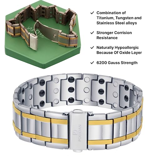 POLLDAN® 3X Power Magnetic Bracelets For Men | 6200 Gauss Strength Mens Titanium Bracelet with Fold-Over Clasp, Adjustable Length, Gift Box, Sizing Tool | Innovative Magnets Alloy - Patent - color: Silver Gold