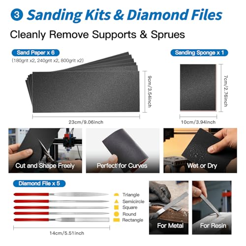 Deburring Tool 3D Printing, 3D Printer Deburring Tool with 4 Blades for Metal, Plastic, Resin/PLA – Includes Flush Cutter, Sanding Sponge, Sand Paper, Tweezers, Cleaning Brushes & Diamond Files