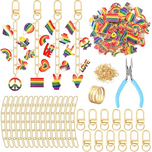 AUGSUN 189 Pcs LGBT Pride Keychain Making Kit DIY Bead Keychain Crafts Rainbow Charm Gay Lesbian Accessories for Pride Month Gifts LGBT Party Celebrations - style: LGBT
