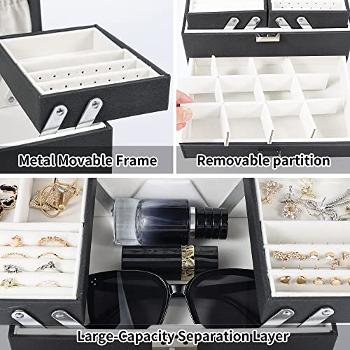 Dajasan Jewelry Organizer Box, Large Jewelry Boxes for Women Girls, Space-Saving 4 Layers Jewelry Storage Case with Drawer, Movable Metal Stand, Modern, Gift Idea (Black + Silver) - color: Black + Silver