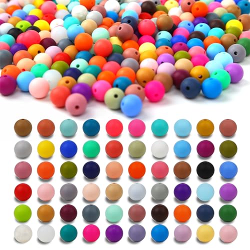 300pcs Silicone Beads for Keychain Making Kit 60 Colors Focal Rubber Round Mixed Color Silicone Beads Bulk for Pens, DIY Keychain,Necklace Bracelet Making Kit, Jewelry,Art Crafts