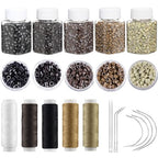 Hair Extension Tools Kit, 2500 Silicone Lined Ring Beads, 8 C/J/I Hair Needles, 5 Rolls Sewing Thread, Sew in Hair Extensions Kit for Hair Styling & Wig DIY Craft - color: Brown