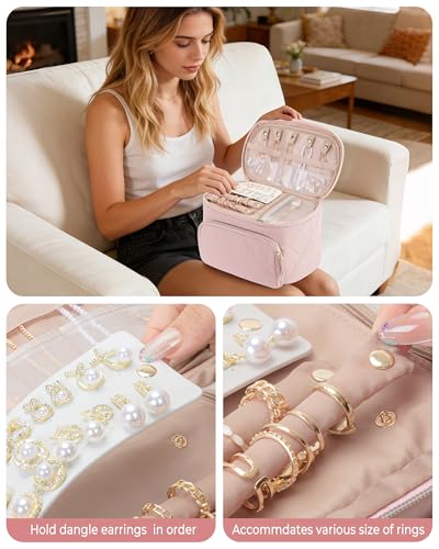 Jewelry Travel Case with 2 Clear Pouches, 2-Layer Jewelry Organizer Storage Bag for Necklaces, Earrings, Rings, Bracelets, Pink(Empty Bag) - color: Pink