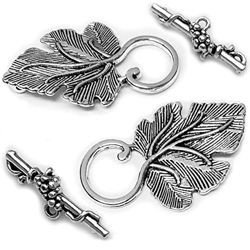 Heather's CF Toggle Jewelry Clasps – Durable Quality, Antique Grape Leaves Silver Finish Toggle Clasps & Closures for Necklace, Bracelet & Charms – Ideal for DIY, & Jewelry Making – Large (Set of 16) - color: Large silver toggle clasp