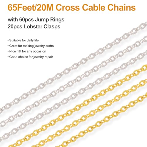 Kyutong 65.6 Feet Stainless Steel Jewelry Making Chains Bulk on Spool 2 Rolls Cross Cable Chain Links Gold Silver Craft Jewelry Supplies with Lobster Clasps Jump Rings for DIY Handcraft - color: Cable Chain