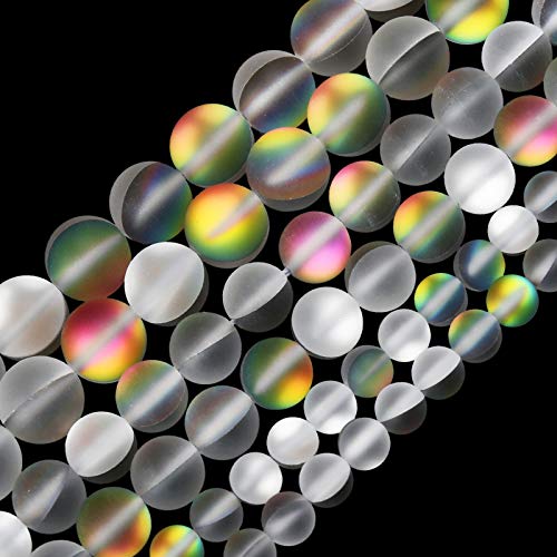 Matte Vitrail Medium Aurora Crystal Glass Beads, 6MM Frosted Glitter Shining Mermaid Round Loose Beads, Rainbow Holographic Synthetic Moonstone for Jewelry Making DIY Bracelet - color: Vitrail Medium, size: 6MM