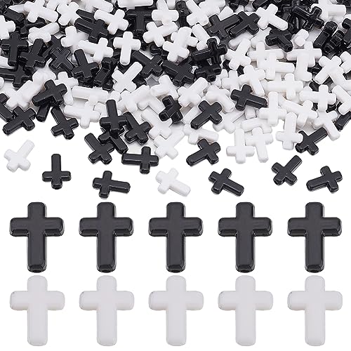 SUNNYCLUE 300Pcs Black Cross Beads White Acrylic Crosses Small Plastic Cross Beads Bulk Mini Tiny Charms Crucifix Loose Spacers for Jewelry Making Kit Adult Women Easter Decoration - color: Black & White