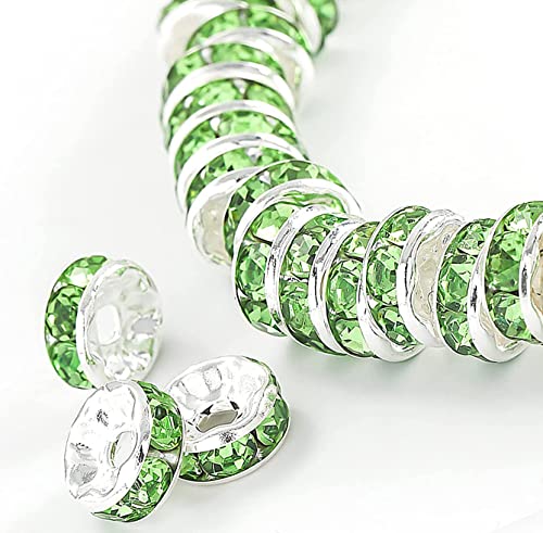 200Pcs 6mm Rondelle Spacer Beads Silver Plated Green Crystal Rhinestone for Jewelry Making Loose Beads for Bracelets - color: green, size: 6mm