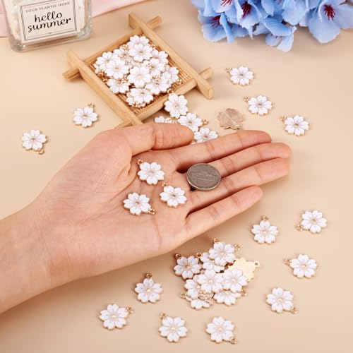 Beadthoven 100pcs Enamel Charms Cherry Blossom Daisy Flower Pendants Gold Plated Small Cute Bulk for Jewelry Making Bracelet Necklace Earrings Keychain DIY Accessories - color: Sakura Flower-White