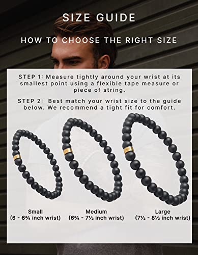 Forge & Foundry Men’s Matte Black Solid Onyx Beaded Bracelet | 10mm, 8mm, 6mm Bead Size Options | Signature Stainless Steel Engraved Bead | Andalus - color: 6mm Gold, size: Large