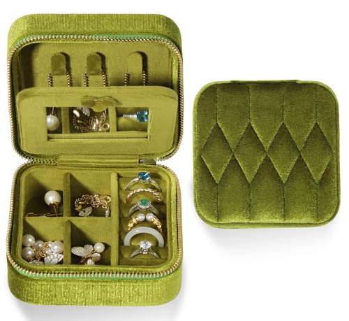 Velvet Jewelry Box – Travel Jewelry Case Organizer with Mirror, Adjustable Compartments for Women | Luxury Storage Case & Gift for Her - MossGreen - color: Moss Green