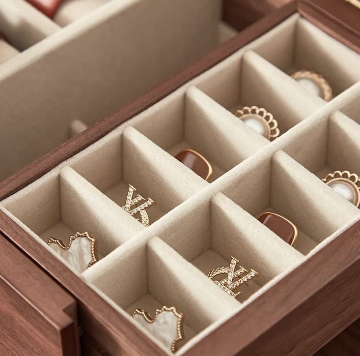 CHOSIN Black Walnut Jewelry Box for Women, 3-Level Multi-functional Organizer with Mirror for Watches, Necklaces, Rings & Earrings Storage Mothers Day Gifts for Mom - style: With Mirror