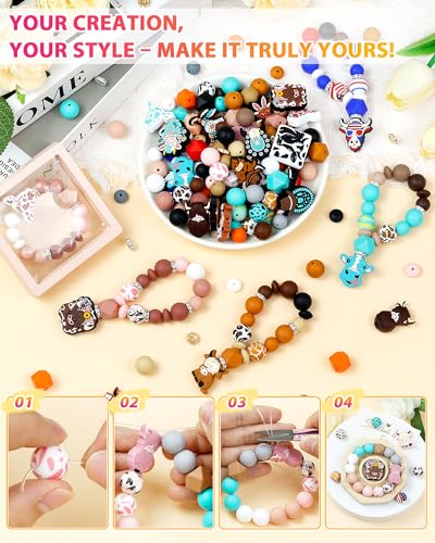 112PCS FIVEIZERO 12mm 15mm Cow Focal Silicone Beads for Keychain Making, Round, Lentil, Hexagonal, Print, 10mm Rhinestone Rondelle Spacers Beads for Bracelet, Pens, Necklace Crafts(Pink Brown) - color: Pink+Brown