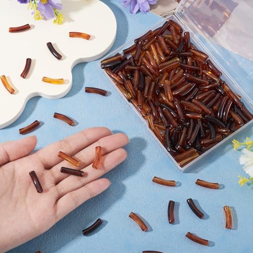 200 pcs Acrylic Tube Beads for Bracelets Amber Bangle Acrylic Beads Two Tone Curved Chunky Bamboo Tube Bead for Jewelry Making Earring Crafts - color: Brown-200pcs