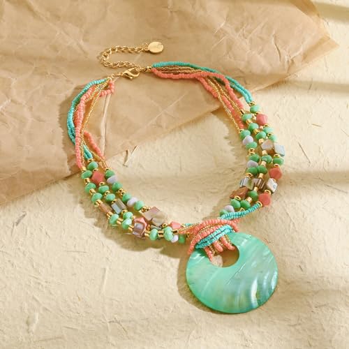 Coiris Shell Pendant Statement Strand Necklace for Women Boho Multi Beads Natural Stone Colorful Necklace Bohemian Handmade Chunky Shell Beaded Collar Jewelry for Women - color: Teal