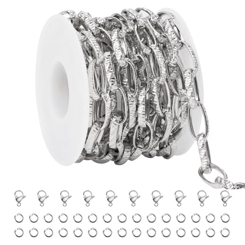 SMYHTGLIF 3 Meters Stainless Steel Chain Bulk Silver Unwelded Paperclip Chain for Jewelry Making Embossed Oval Link Jewelry Making Supplies - color: Embossed Paperclip Silver