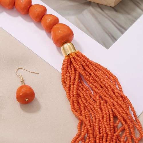 Bocar Necklace for Women, Multi Layer Statement Necklace, Long Chain Chunky Bib Seed Beads Necklace, Necklace Earring Set for Women Gift (NK-10693) - color: Orange-set