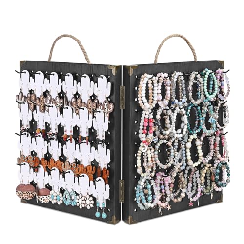 MOOCA Wooden Foldable and Portable 2 Panel Pegboard Jewelry Display Organizer with 48 Removable Black Metal Hooks & Convenient Rope Handle for Easy Carrying, Dual-Sided Panels for Hanging, Black Color - color: Black
