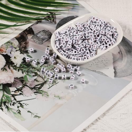 1000Pcs Square White Acrylic Number Beads Cube Number Beads 0-9 for Jewelry Making DIY Necklaces Key Chains Bracelets (6x6mm) - color: White Mixed Black Number 0-9