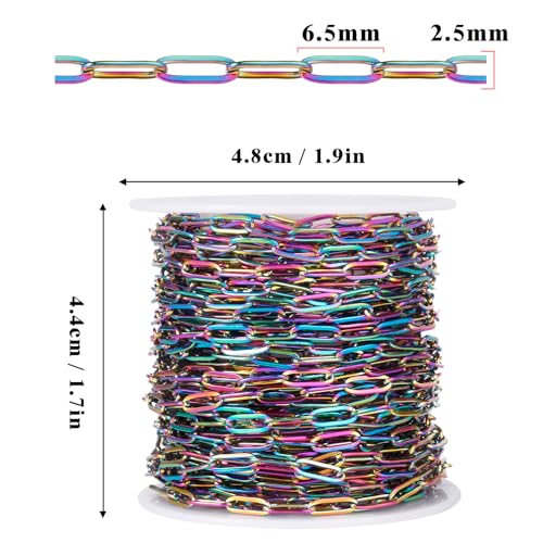 [33 Ft] Stainless Steel Paperclip Chains Roll, 2.5mm Width Rainbow Plated Stainless Steel Oval Link Chains Spool Bulk for Jewelry Making - color: colorful(2.5mm)