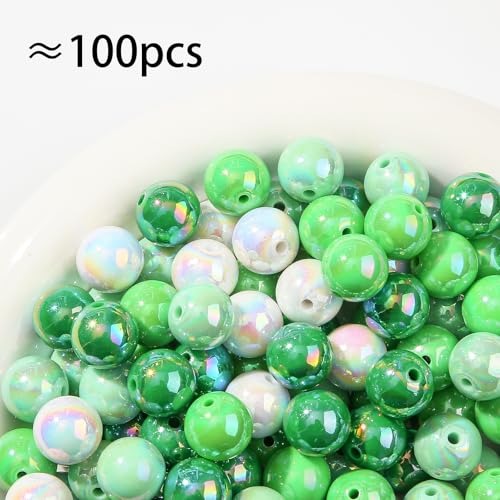 16mm Acrylic Green Beads 100pcs Ab Forest Style Bead Chunk Bubblegum Beads for Pens for Necklace Jewelry Bracelets DIY Crafts Making (Green&White) - color: green&white