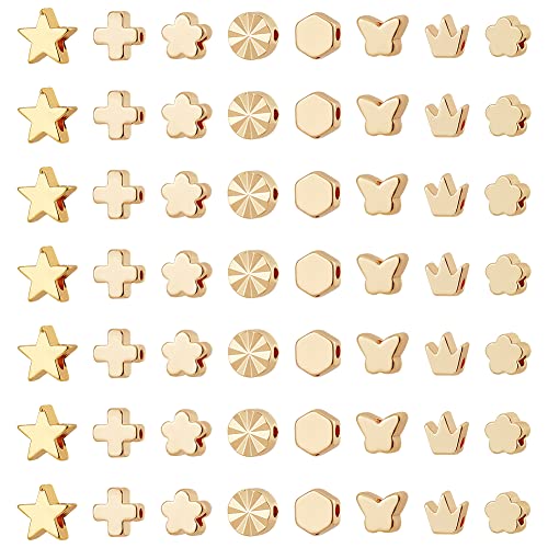 PH PandaHall 14K Gold Beads Spacers, 80pcs Flower Spacer Beads Metal Star Crown Cross Charm Long-Lasting Loose Beads for Necklace Bracelet Earring Wedding Valentine Mother's Day Thanksgiving 8 Styles