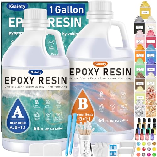 IGaiety 1 Gallon Epoxy Resin, Epoxy Resin Kit, Crystal Clear Epoxy Kit, No Yellowing Self-Leveling Deep Pour Epoxy Resin High-Glossy Casting Perfect for Crafts, Table Tops(0.5 Gallon x 2) - size: 1 Gallon