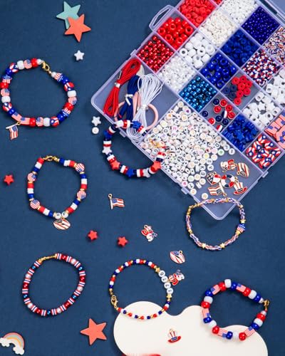 Goldwise 1578Pcs 4th of July Red White Blue Beads Bracelet Making Kit with Clay Seed Plastic Pony Pearl Beads, Patriotic USA Flag Star Beads, Metal Charms Earrings for Jewelry Making - size: 4th of July