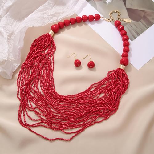 Bocar Necklace for Women, Multi Layer Statement Necklace, Long Chain Chunky Bib Seed Beads Necklace, Necklace Earring Set for Women Gift (NK-10693) - color: Red-set