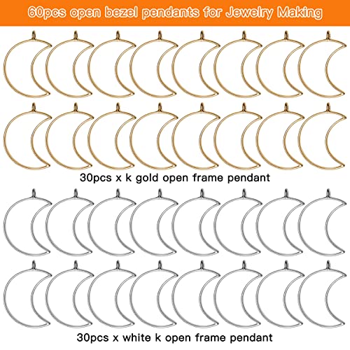 60pcs Open Bezels for Resin,Open Bezel Pendants Backs Hollow Frame Pendants Geometric Hollow Bezel Pendant Open Frame Pendant for Pressed Flower,Earrings,Bracelet,DIY Crafts(K Gold,White K) - color: K Gold,White K;Moon