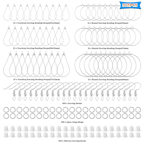 372Pcs Earrings Beading Hoop Set with 72 Earring Finding Teardrop Round Beading Hoop Earrings Bulk with 100 Hooks,100 Jump Ring,100 Ear Backs for DIY Jewelry Making Earrings Making Supplies(White K) - color: 372Pcs-White K