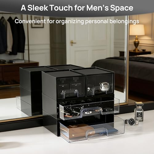 Vtopmart 2 Pack Clear Stackable Storage Drawers, 12.1''W Plastic Organizers Bins for Office Supplies, Ideal for Desk Organization, Black - style: 2pack Wide Black