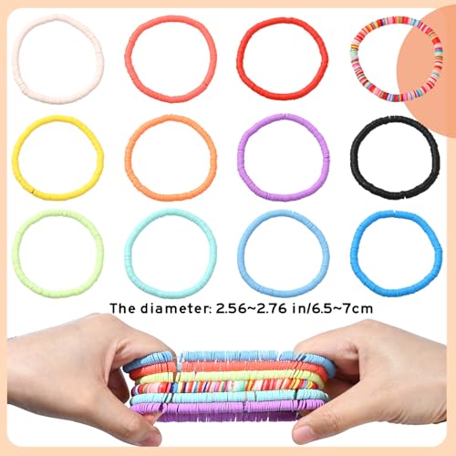 Ornaland 12 Pcs Hei Shi Surfer Bracelets Friendship Bracelets Clay Bead Bracelets Polymer Stretch Bracelet Stackable Bracelet Set Women Summer inner diameter of the bracelet is about 6.5~7cm