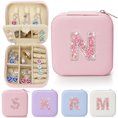 Sparkling Initial Jewelry Box Organizer,Personalized Travel Jewelry Box for Girls & Women,Glitter Rhinestone Jewelry Case Gifts for Easter, Birthday & Christmas,Small Size (Pink, N) - color: Pink, size: N