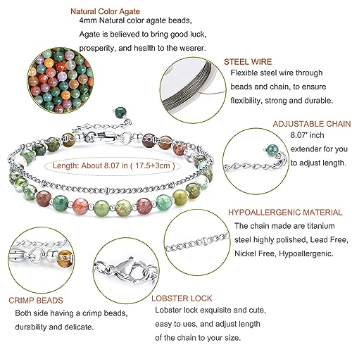 Peridot Stand Silver Gold Bracelets, Handmade Birthstone Stack Bracelet Crystal Gemstones Bead Chain Gift for Women, 8" - color: Color Agate