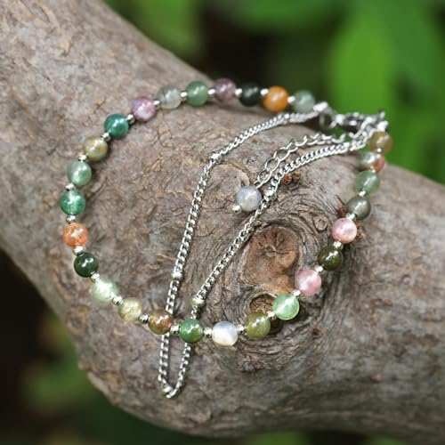 Peridot Stand Silver Gold Bracelets, Handmade Birthstone Stack Bracelet Crystal Gemstones Bead Chain Gift for Women, 8" - color: Color Agate