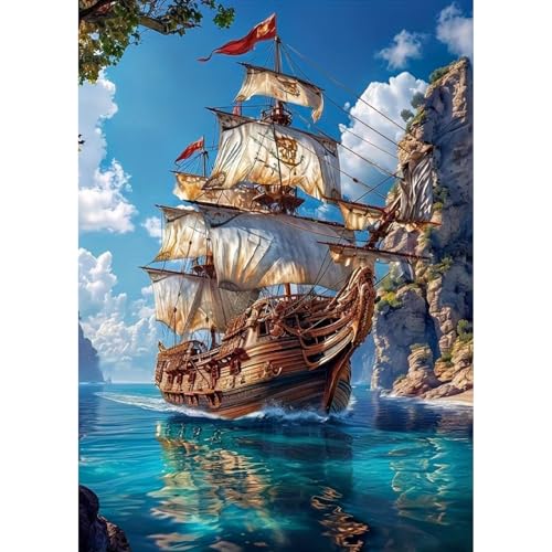 MOMDEDP 5D Diamond Painting Art Kit for Adults, Sailing Ship at Sea, Fantastic Landscapes DIY Full Drill Dots Gem Art Paint for Home Wall Decor 12 x 16 Inch