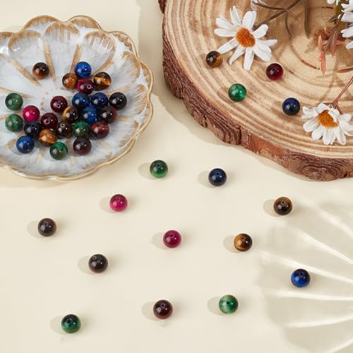 40PCS 10MM Natural Tiger Eye Beads with Hole Round Gemstone Pink Blue Green Energy Stone Smooth Polished Loose Spacer Bead Bulk for Jewelry Making Earrings Bracelets Necklaces DIY Crafts - size: 10mm 40pcs