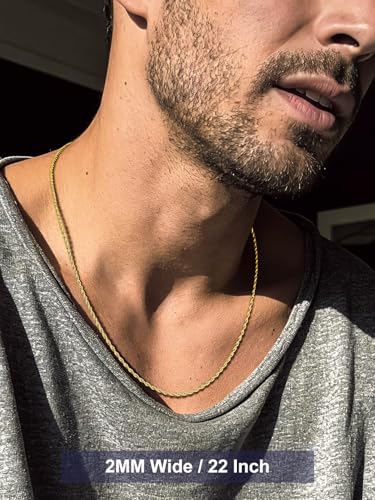 Bandmax Solid 1.5mm/2mm/3mm/6mm Rope Chains for Men Women 14K Gold Plated/Black Plated Stainless Steel Twist Chain 16-30 Inches, with Gift Box - color: 05 2MM Gold Plated